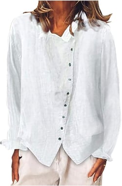 Button Down Lapel Shirts for Women Fashion Cotton Linen Plain Wrap Neck Blouses Long Sleeve Loose Fit Dress Tops White Large