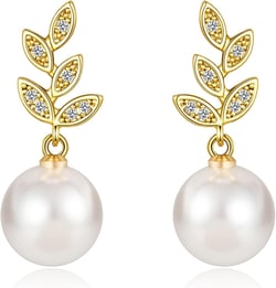 Gold Pearl Earrings for Women 14K Real Gold Plated Pearl Drop Earrings Dainty Cubic Zirconia Gold Earrings for Women Wedding Bridal Bridesmaid Gold Pearl & Leaf