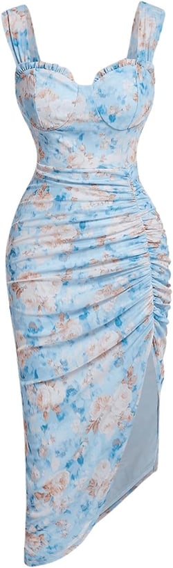 Women's Floral Print Sleeveless Wide Strap Split Thigh Dress Slim Fit Pleated Cami Dresses Pencil Midi Dress Small Blue a