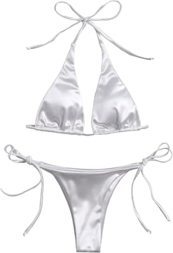 MakeMeChic Women's Triangle Halter Top & Tie Side Thong 2 Piece Bikini Sexy Swimsuit Large Satin White