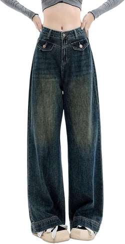 High Waisted Jeans for Women Wide Leg Loose Baggy Boyfriend Denim Pants 90S Vintage Streetwear Y2k Grunge Jean Pants B06-dark Blue Deals Small