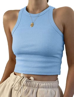 MISSACTIVER Women Basic Sleeveless Vest Crop Tank Top Casual Crew Neck Binding Crop Top Medium Light Blue