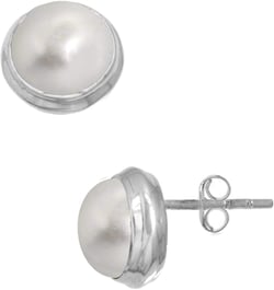 JEWELOPORIUM 925 Sterling Silver Handmade Stud Earring for Women Round Gemstone Boho Silver Jewelry for Gift (98543_E) Freshwater Pearl