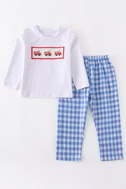 Fire engine smocked plaid pants boy set