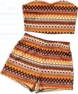 MakeMeChic Women's Boho Knitted 2 Piece Outfits Geo Printed Sleeveless Bandeau Tube Tops and Track Shorts Set Multi Yellow S