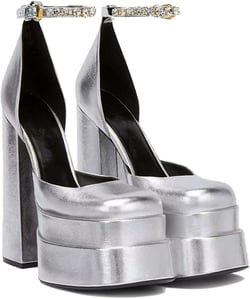 THESHY Women's Metallic Platform Chunky Block Heel Rhinestones Ankle Strap Square Closed Toe High Heels Fashion Sexy Dress Pumps 6 Silver