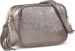 Italian Genuine Metallic Suede Leather Small Crossbody Bag Purse for Women with Zipper, Long Strap and Cute Tassel Metallic Bronze