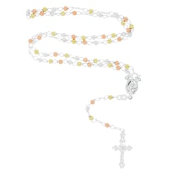 Decadence Solid Sterling Silver Tricolor 3mm Italian Virgin Mary Rosary Bead Cross Necklace | Made In Italy | 925 Sterling Silver Rosary Y Necklace Chain for Women And Men, 18" Inches