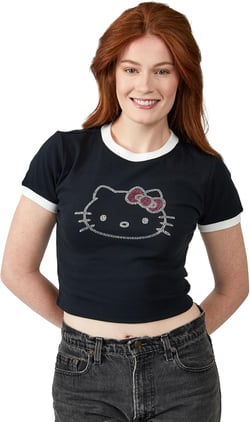 Hello Kitty Character Face Outline Crew Neck Short Sleeve Women's Black Crop Top Baby Tee Black Large