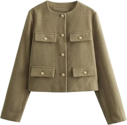 Xaspee Crop Tweed Blazer Jacket Women Collarless Open Front Button Down Business Work Casual Wool Jacket Coat Sage Green X-Small