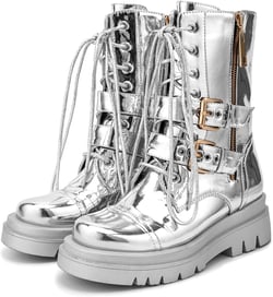 Women's Combat Boots Military Motorcycle Riding Silver Lace up Mid Calf Boots Buckle Zipper Platform Chunky Heel Metallic Leather Ankle Boots for Women