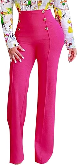 Uillui Dress Pants for Women Business Casual Straight Leg Trouser Dressy High Waist Button Wide Leg Bootleg Pant Work Slacks Small Hot Pink