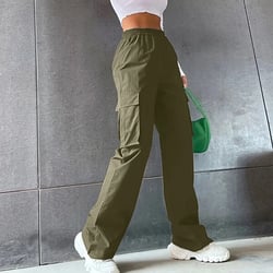 Ayolanni Loose Travel Pants Women Army Green Cargo Pockets Solid Elastic Band Pants Ladies Pants Plus Size L