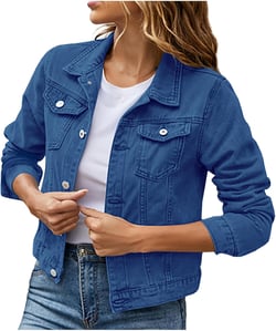Womens Juniors Denim Jacket Distressed Long Sleeve Jean Jacket Slim Fit Basic Button Down Trucker Denim Fall Clothes Small Blue
