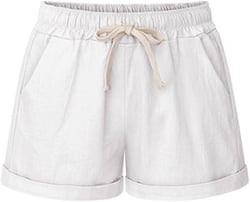 Women's High Elastic Waist Drawstring Casual Comfy Cotton Linen Shorts with Pocktes 10 White