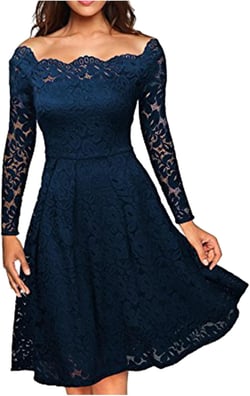 Women's Dresses Color Lace Patchwork Sheath Strapless Dress Swing Long Sleeve Evening Prom Cocktail Dresses, S-5XL Large Navy