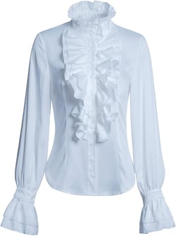 Women Victorian Gothic Ruffled Lotus High Neck Lace Lantern Long Sleeve Top Blouse Shirt White XX-Large