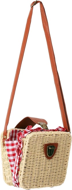 Wicker Basket Crossbody Rattan Bag Clutch | Women's Woven Straw Handbag | Gingham Picnic Basket Costume Accessory Standard