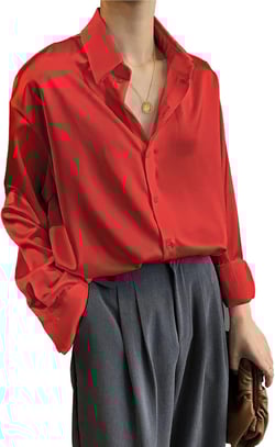 Pantete Womens Satin Silk Button Down Shirt Long Sleeve Casual Office Blouse Top Breathable & Silky X-Large Red