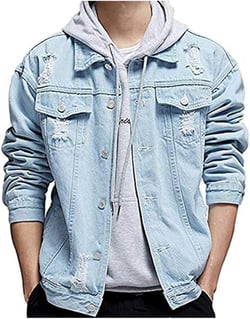LifeHe Men's Distressed Ripped Denim Jacket Button Down Trucker Jean Coat X-Small Light Blue
