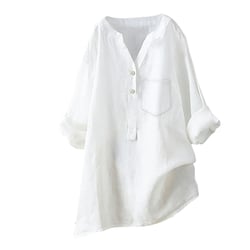 Women's Solid Color Shirts Fashion Casual Stand Neck Roll Up Long Sleeve Button Down Blouse Daily Business Dressy Tops White 5X-Large
