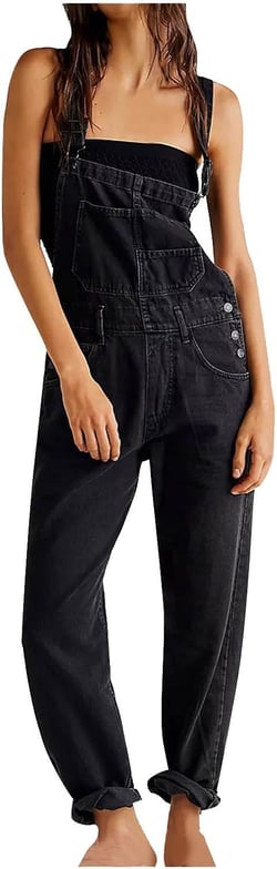 Denim Overalls for Women Loose Fit Casual Classic Jean Jumpsuits Adjustable Straps Straight Leg Bib Pants with Pocket Large 02 Black