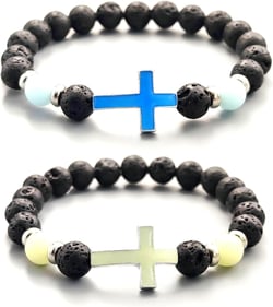 2Pcs Cross luminous Matching Bracelets for Women Men Bracelets Birthday Gifts for Couples Friendship Stretch Beaded Adjustable Bracelet Green and Blue