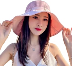 Cute Wide Brim Sun Hat for Women,UV Protection UPF 50+ Summer Boonie Bucket Hat,Hollow Out Top Beach Fisherman's Caps. One Size Pink