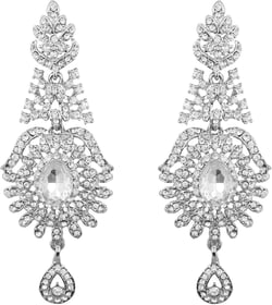 Touchstone Indian Bollywood Studded Style Stunning Tiny Round Big Oval Shape Rhinestone Designer Jewelry Long Chandelier Earrings For Women. D349 White