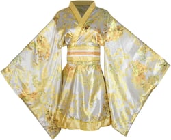 Women's Sexy Short Kimono Costume Adult Japanese Geisha Robe Prints Floral Bathrobe Sleepwear With Obi Belt Outfit One Size S59#_gold