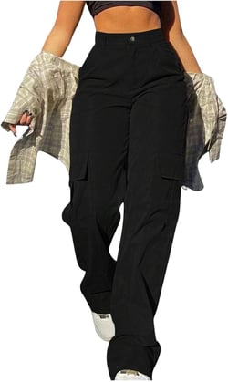 Womens Cargo Pants Casual Solid Color Outdoor Elastic High Waisted Workout Pants Baggy Jogger with Pockets Black Large