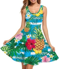 Women's Summer Casual Floral Print Midi Beach Sundress Sleeveless Scoop Neck Flowy A Line Tank Dress with Pockets Large Tropical Flower Leaf Pineapple