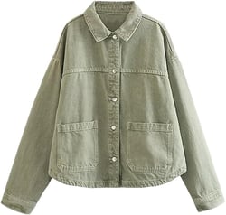 Women's Denim Bomber Jacket Long Sleeve Oversize Coat Blue Jeans Jackets Y2k Streetwear Medium Khaki