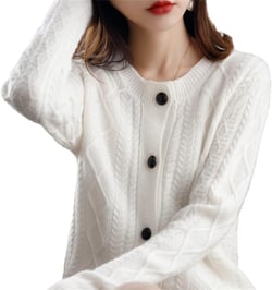 Women 100% Cashmere Cardigan O-Neck Coat Knit Twist Base Shirts Thick Wool Sweater Jacket X-Large Ivory