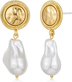 Pearl Dangle Earrings for Women Gold Plated Pearl Drop Earrings Irregular Pearl Earrings Retro Statement Large Pearl Earrings