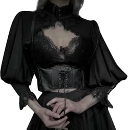 Women's Sexy Lace Trimmed Sheer Mesh Blouse Short Length Dark Gothic High Neck Camisole Top Blanket Shawl Large Black