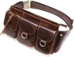 Mens Genuine Leather Fanny Pack Vintage Waist Bag with Metal Buckle & Leather Belt