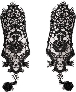 Black Lace Fingerless Gloves Women Gothic Floral Lace Steampunk Wristband Ring Imitation Pearl Handmade Lace Up Gloves Bridal Bracelet Ring Set - 1 Pair - S Size