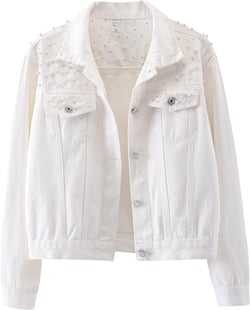 LifeShe Women's Embroidered Pearl Denim Jean Jacket Coat X-Large White