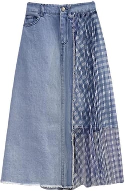 Women's Oversized Stretch mesh Patchwork Denim Skirt, high Waisted Torn mid Length Casual Denim Skirt