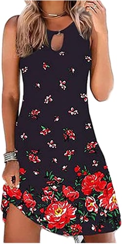Lausiuoe Summer Dresses for Women,Women's Fashion Floral Print Sleeveless Tank Dress Casual Loose Beach Mini Sundresses