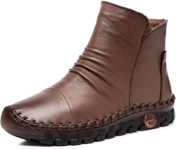 Helenbra Women's Folds Leather Plush Warm Ankle Boots,Side Zip Hand Sewing Thread Soft Sole Outdoor Non-Slip Casual Boot Winter Cozy Warm Flat Walking Snow Booties Mom Shoes Brown 4.5
