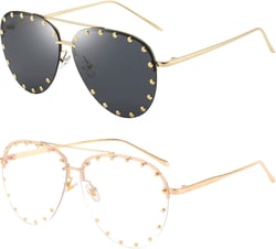 Dollger Studded Sunglasses for Women Fashion Studded Aviator Sunglasses Metal Frame UV 400 Black,white