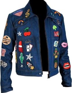 Mens Vintage John Rocket Concert Taron Egerton Blue Denim Jacket with Patches Medium Red