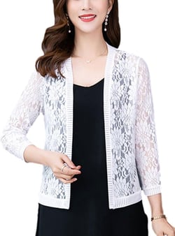Hotmiss Women's 3/4 Sleeve Floral Lace Shrugs Open Front Cardigan Crochet Bolero Jacket White Large