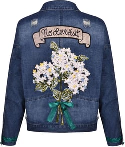 PAODIKUAI Women's Embroidered Ripped Denim Jacket Floral Embroidery Back Jean Jacket Large Dark Blue