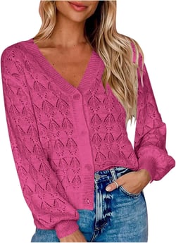Womens Cardigan Fall Hollow out Knit Long Sleeve Sweater Fashion V Neck Classic Button Soild Lightweight Outerwear Medium Hot Pink