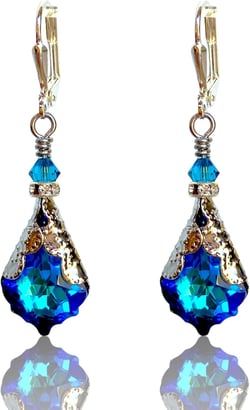 Antique Inspired Vintage Victorian Dangle Drop Earrings for Women - Colored Austrian Crystal Leverback Earrings - Jewelry Gift for Her Bermuda Blue