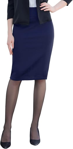 G&Y Women's Elastic Waist Stretch Bodycon Midi Pencil Skirt - Premium Nylon Ponte Office Straight Skirt Large Navy Blue