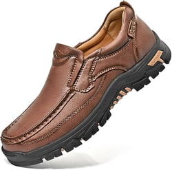 Men's Slip On Leather Loafers Wide Causal Non-Slip Handmade Walking Work Driving Sneaker Moccasin Shoes 7.5 Brown